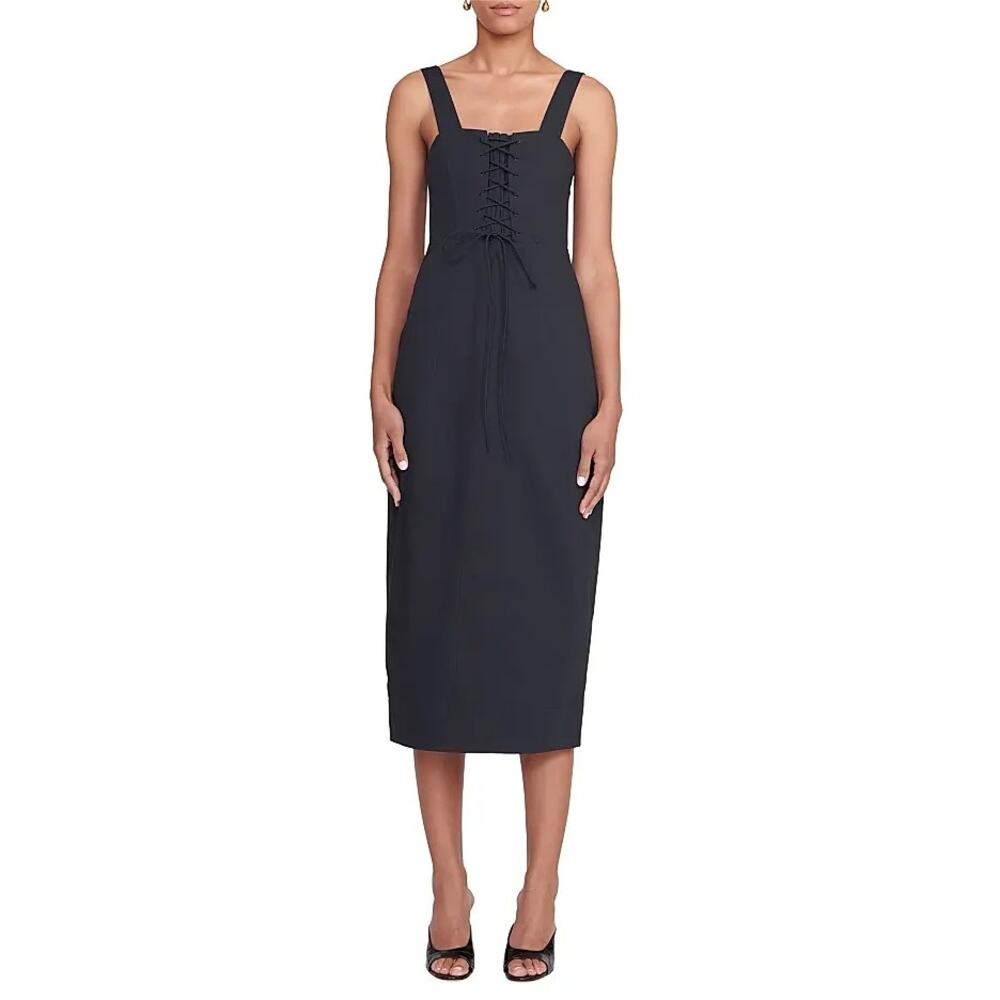 Staud Sutton Lace Up Midi Dress, Black Cotton, Corset, Classic Dark Academia, 4